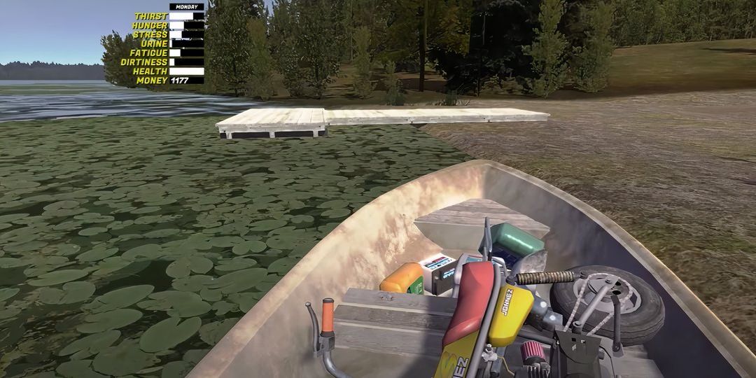 A player driving the boat across a lake in My Summer Car.