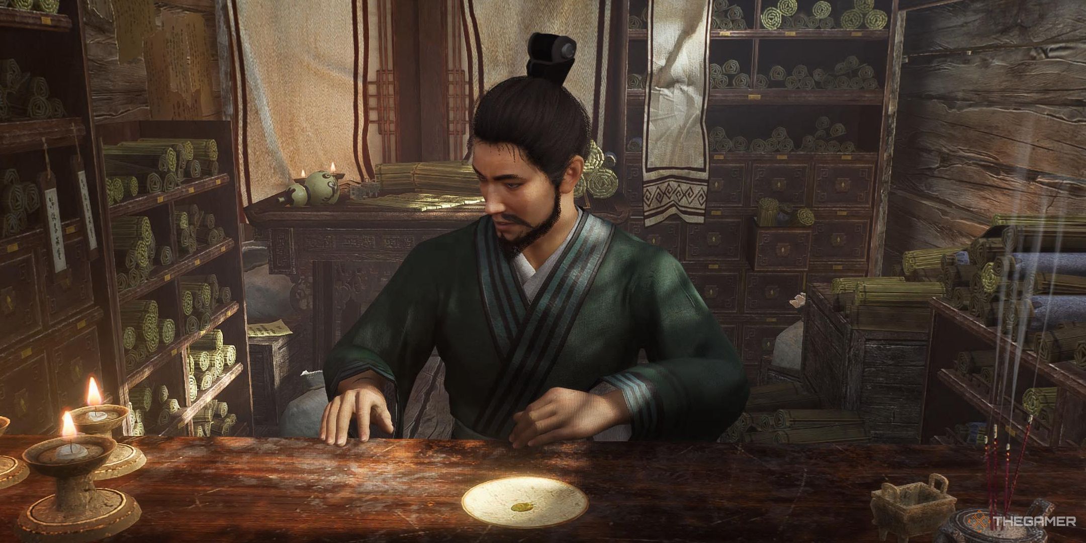 Sima Hui at the Shui Jing Retreat in Dynasty Warriors: Origins.