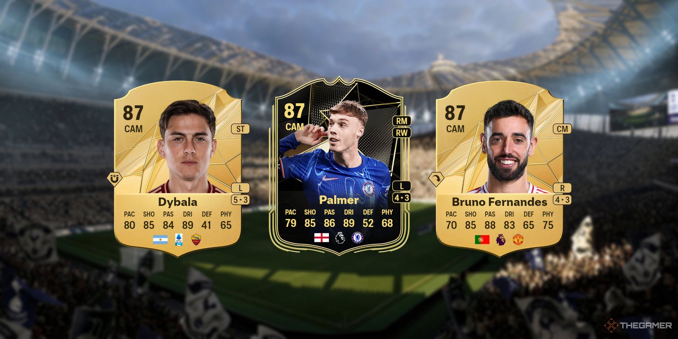 Dybala, Palmer, and Bruno Fernandes' cards in EA Sports FC 25.