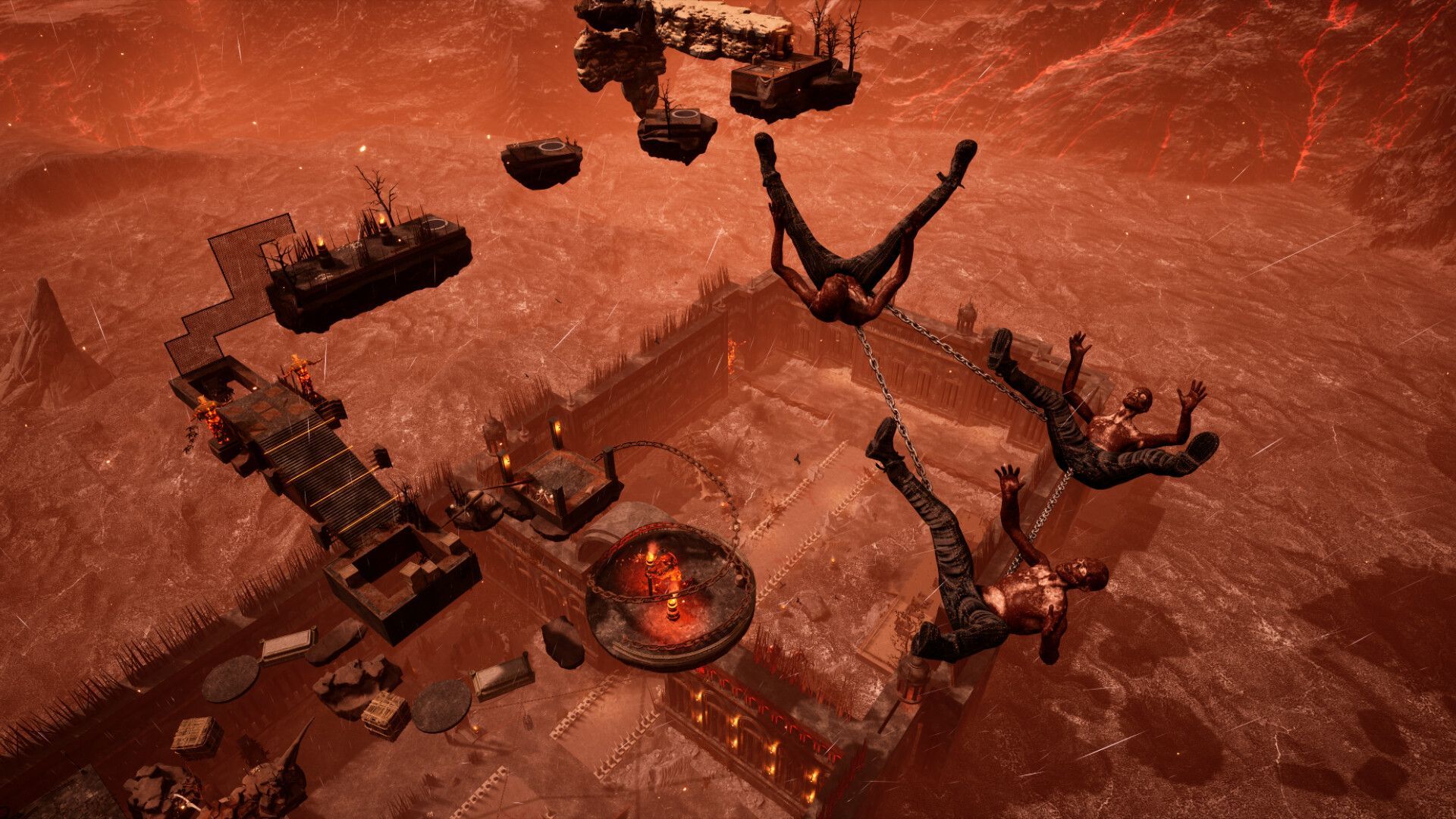 Three players chained together, falling from great heights towards the ground.