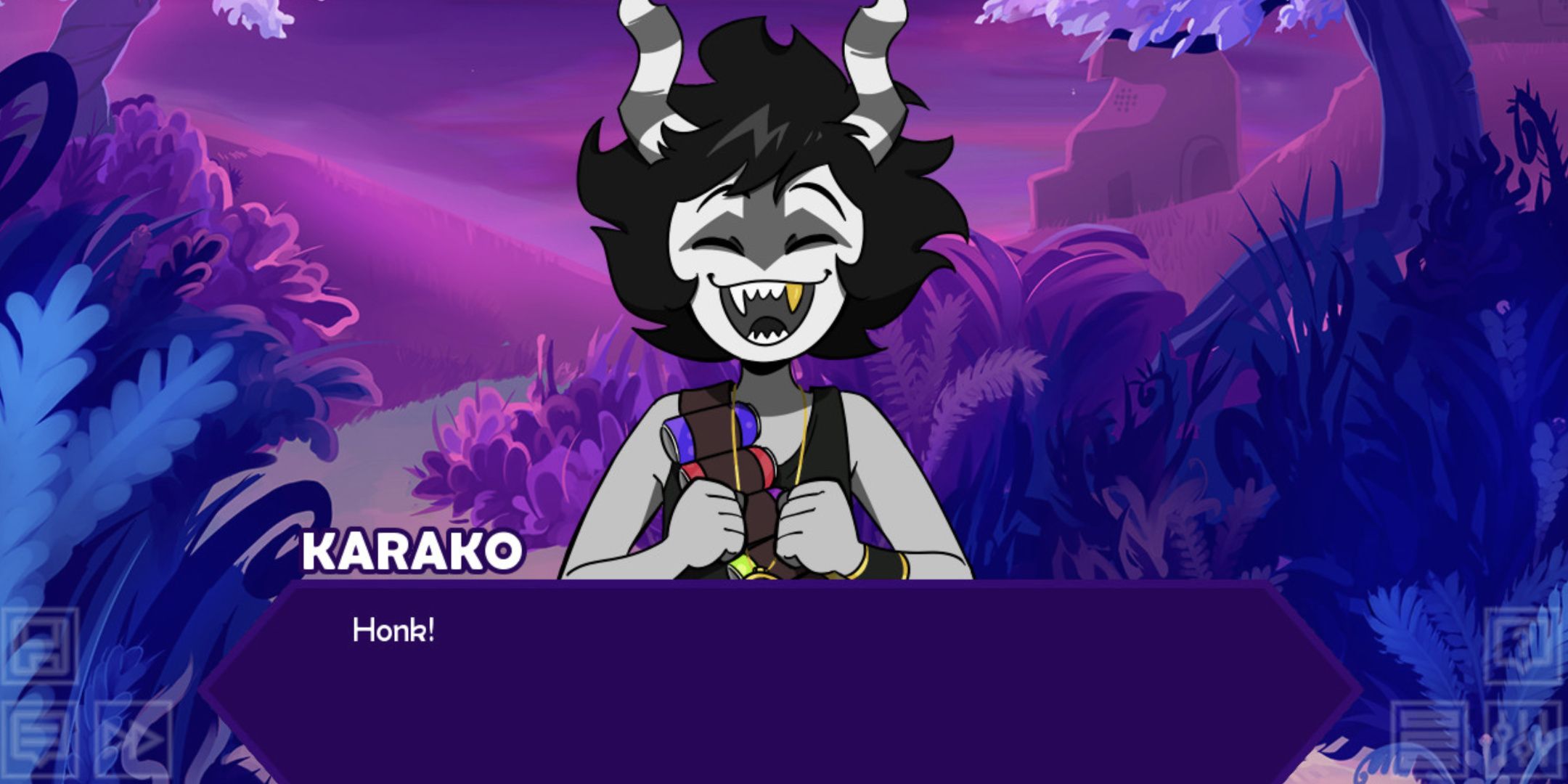 Karako the purple blooded troll Honking at the player in Hiveswap Friendsim.