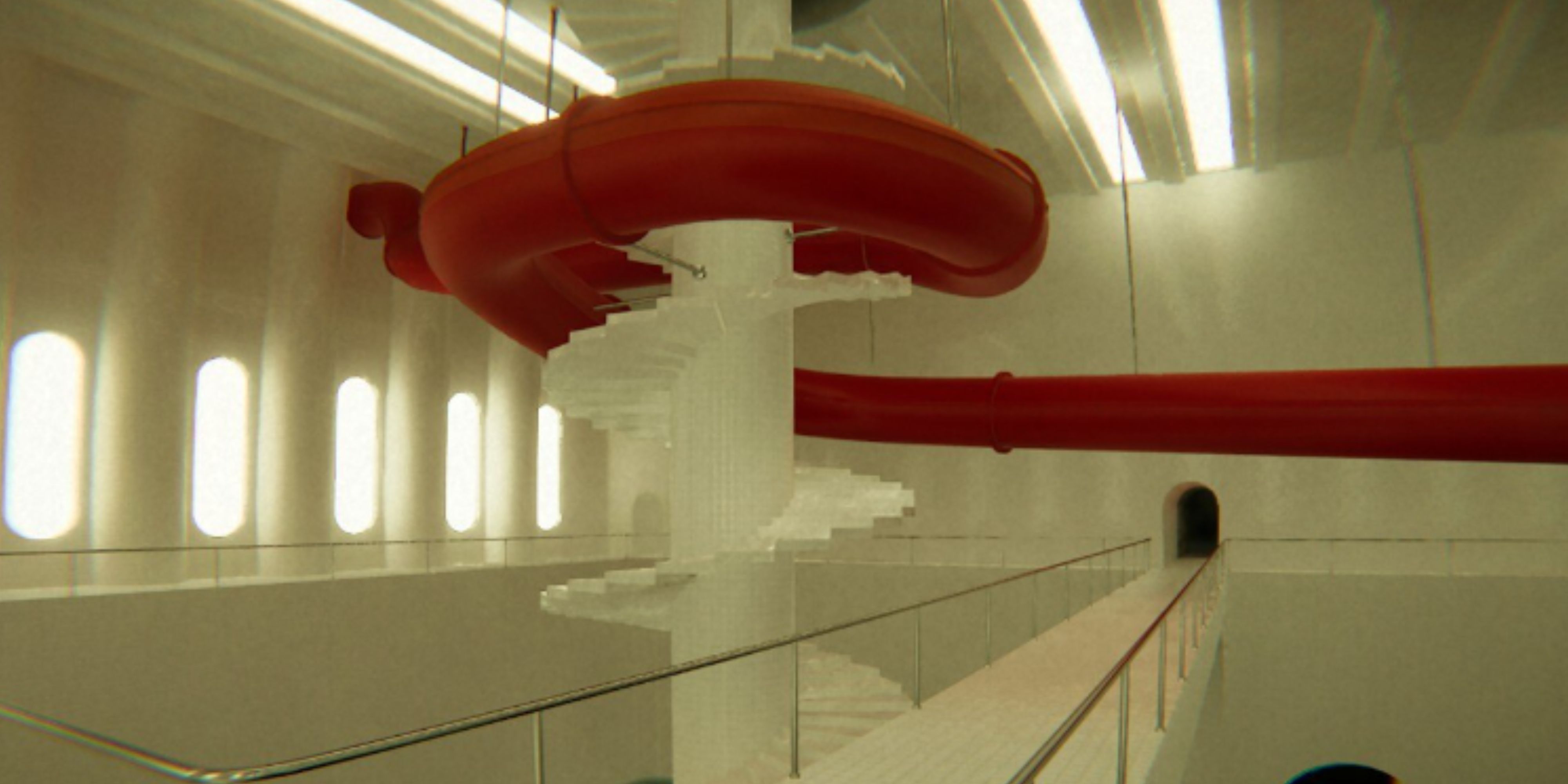 Screenshot showing slide wrapping around stairs in Pools.