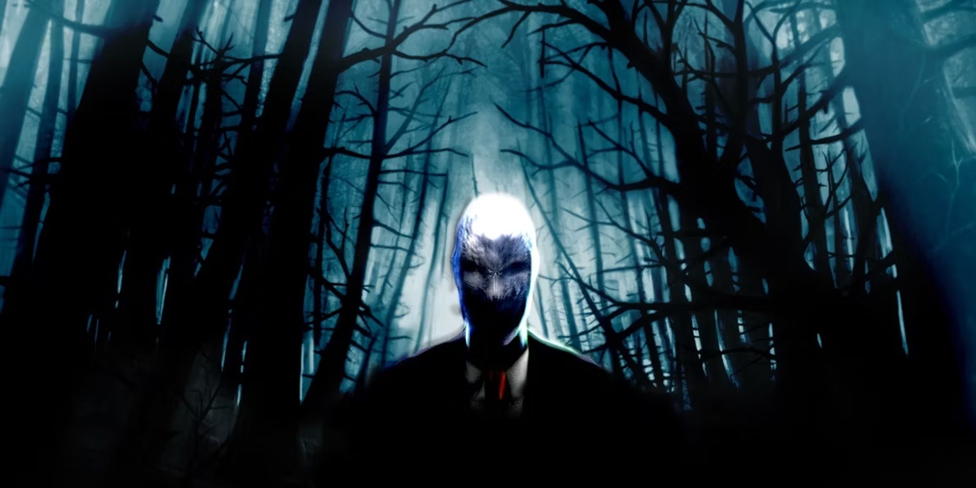 Slender Man standing in a dark forest in Slender The Arrival.