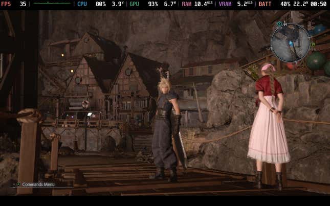 Cloud and Aerith stand in the town of Under Junon.