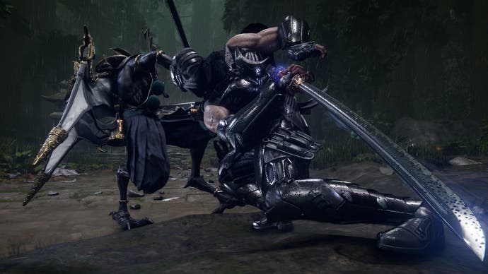 Ninja Gaiden 4 screenshot showing ninja Ryu preparing to strike an enemy with a long sword