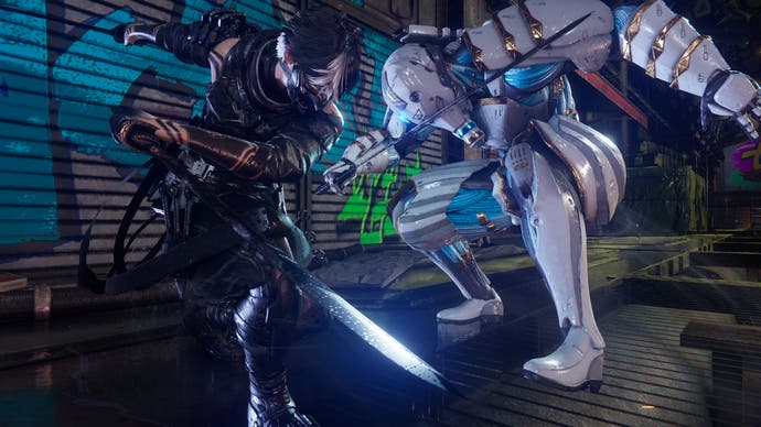 Ninja Gaiden 4 screenshot showing cyber ninja Yakumo preparing to slice at a white robotic enemy