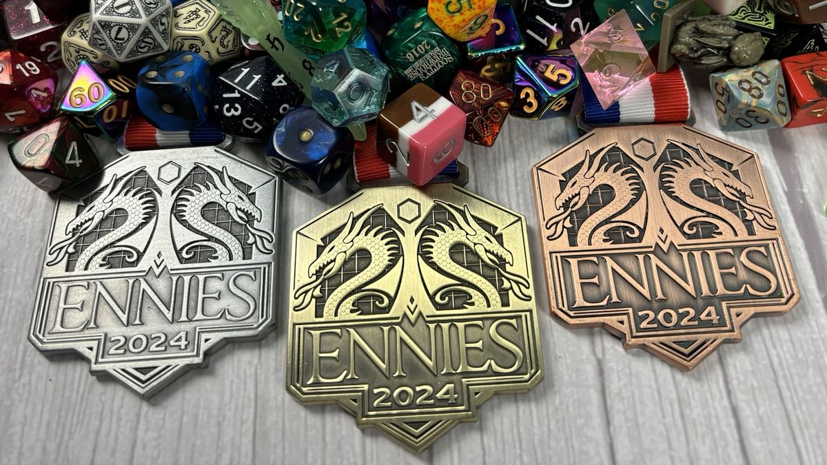 ENNIEs badges beside a dragons hoard of dice