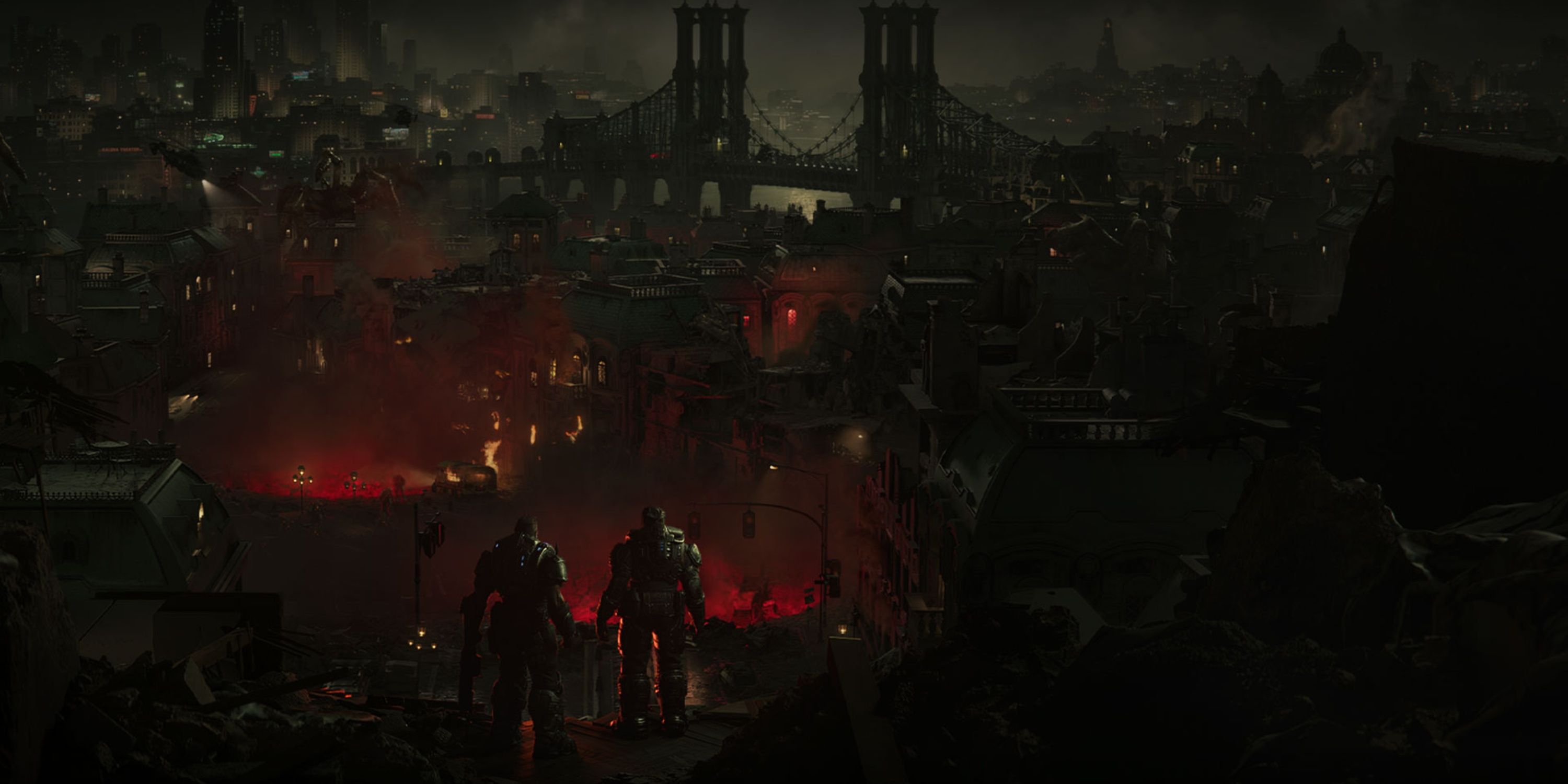 Two characters looking over a dark city with red lights from Gears Of War E-Day.