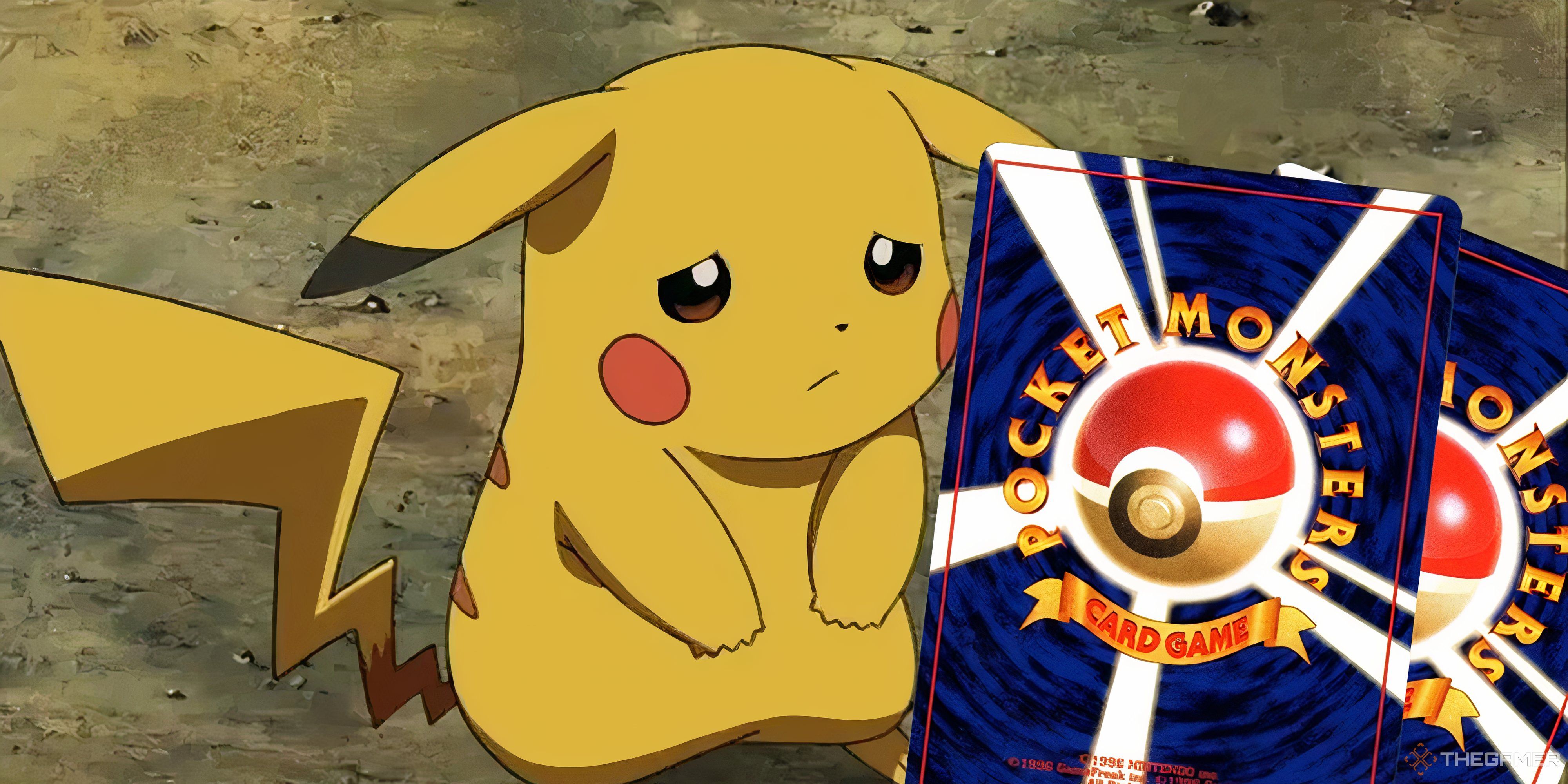 sad pikachu next to original pokemon cards.