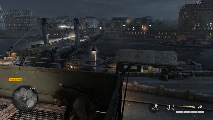 Harry sits atop a balcony and looks out across the dark night sky in Sniper Elite Resistance. A bridge connects where you to your objective, but there are dozens of enemies - marked by binoculars - between you and it.