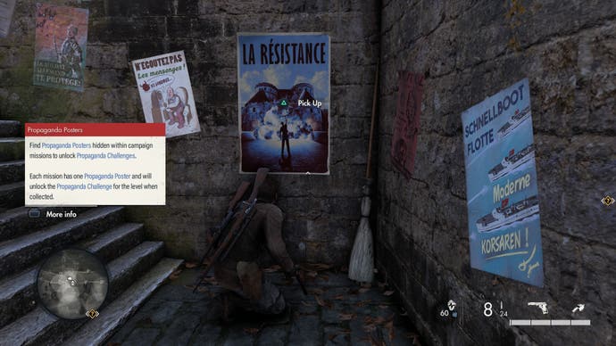 Your character, Harry, crouches in front of a poster with "La Resistance" emblazoned across it in Sniper Elite Resistance. A pop up explains that if you collect the poster in every mission, you'll unlock Propaganda mode.