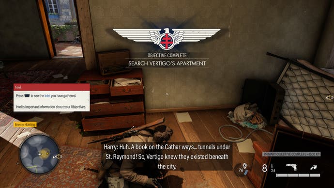 Your character, Harry, has just completed his objective as he crouches in a ramshackle civilian home in Sniper Elite Resistance. 