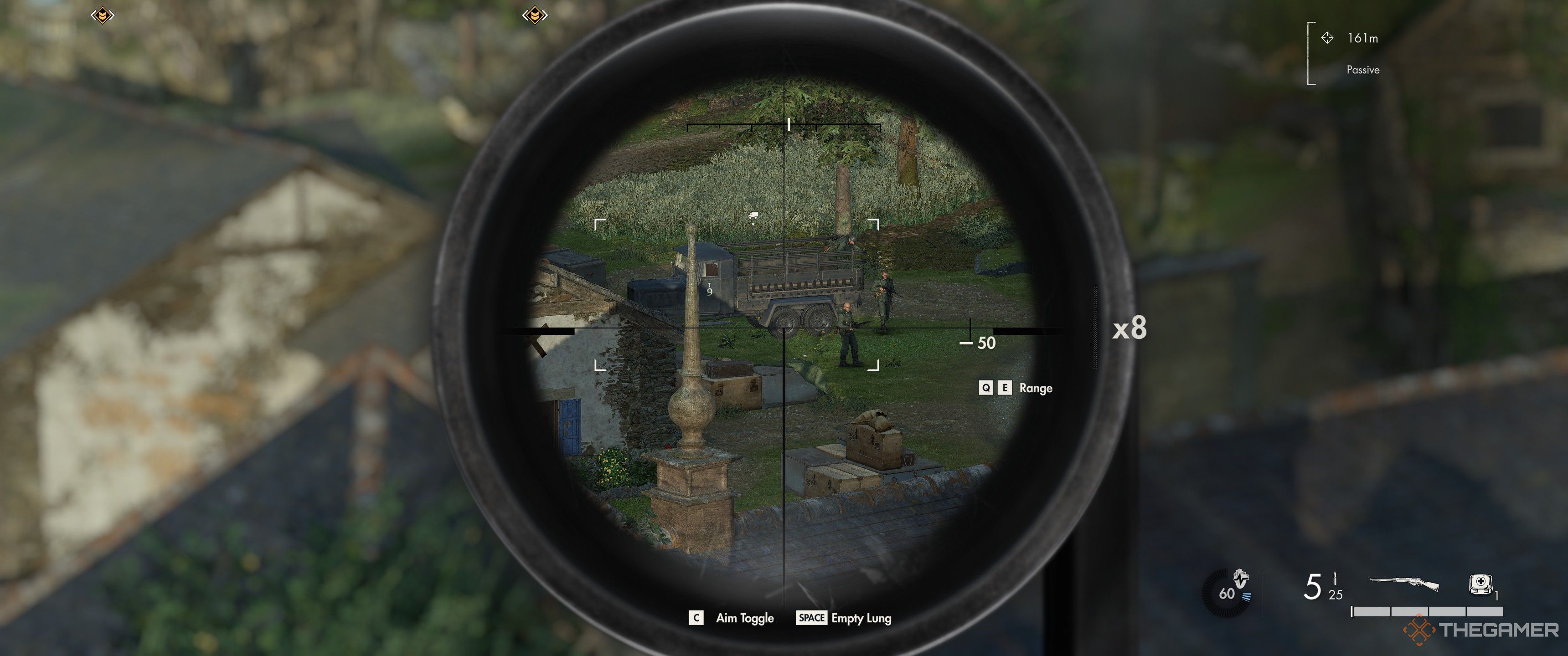 Looking at soldiers through a rifle scope in Sniper Elite: Resistance.