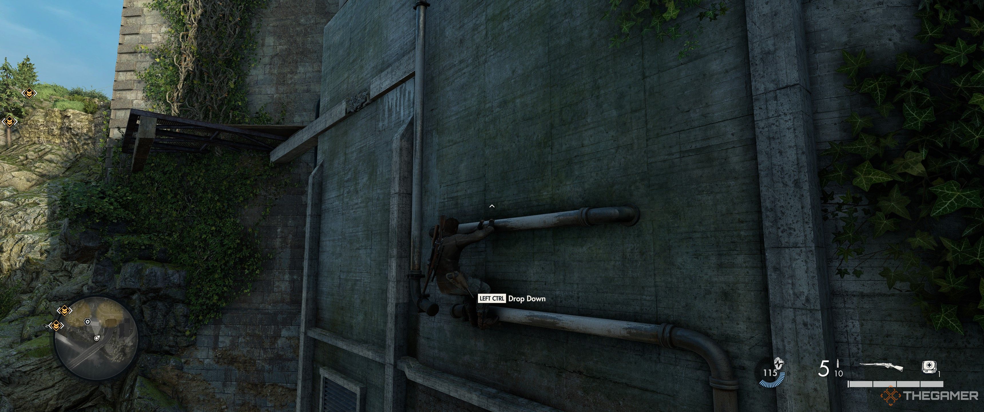 Climbing up pipes on a wall in Sniper Elite: Resistance.