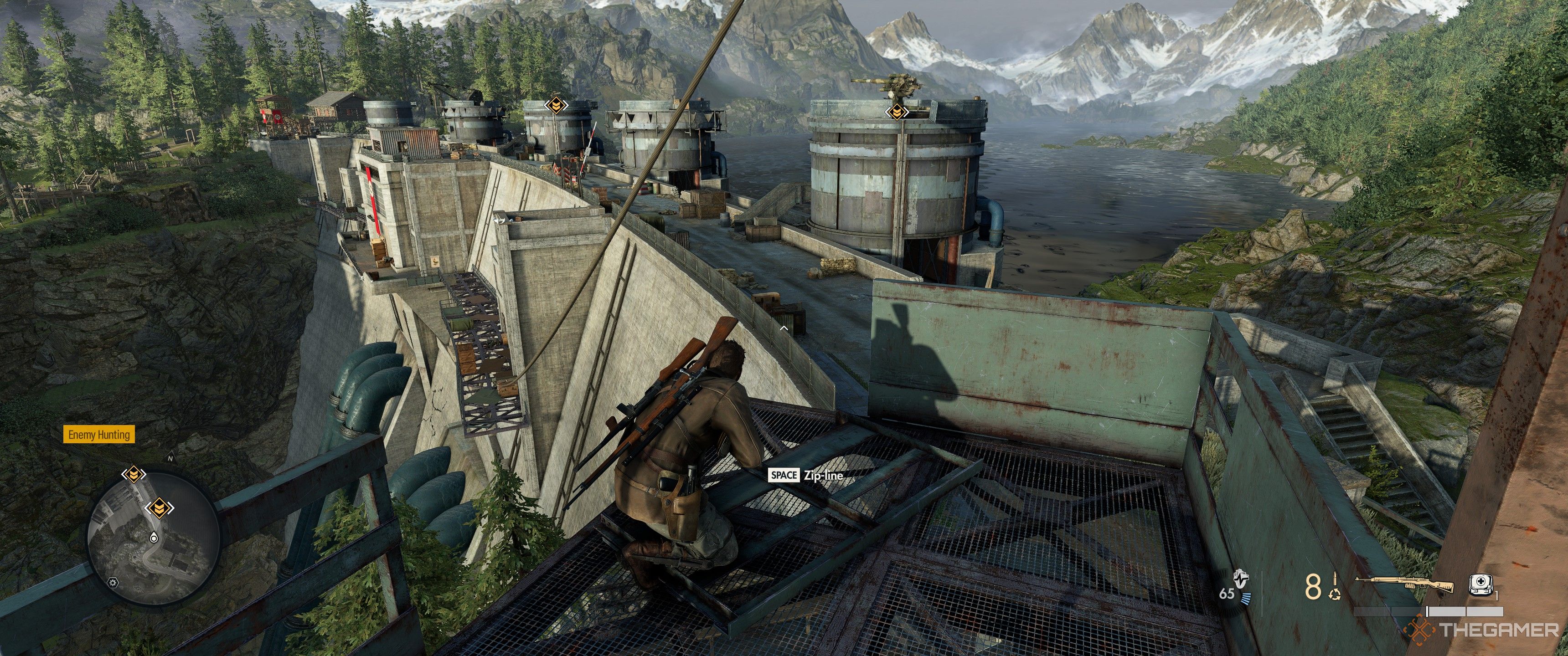 The zipline down to the walkway in Sniper Elite: Resistance.