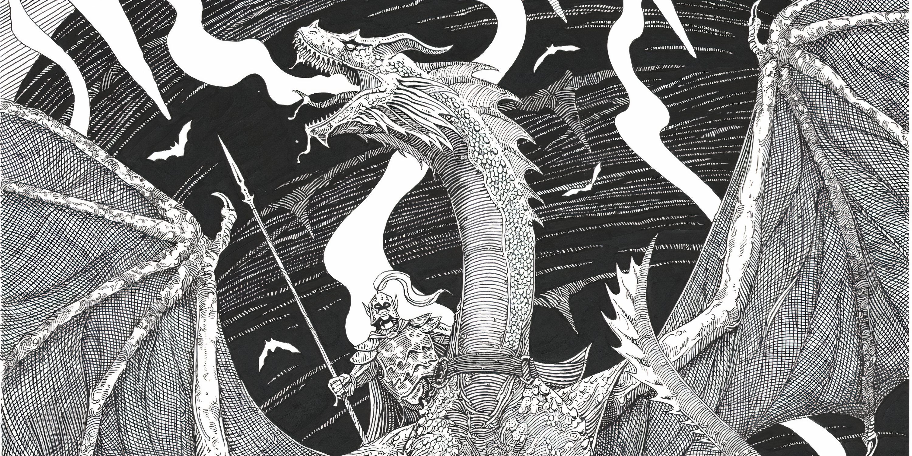 A Red Dragon in black and white scale from Dungeon Delves in Dungeons & Dragons.