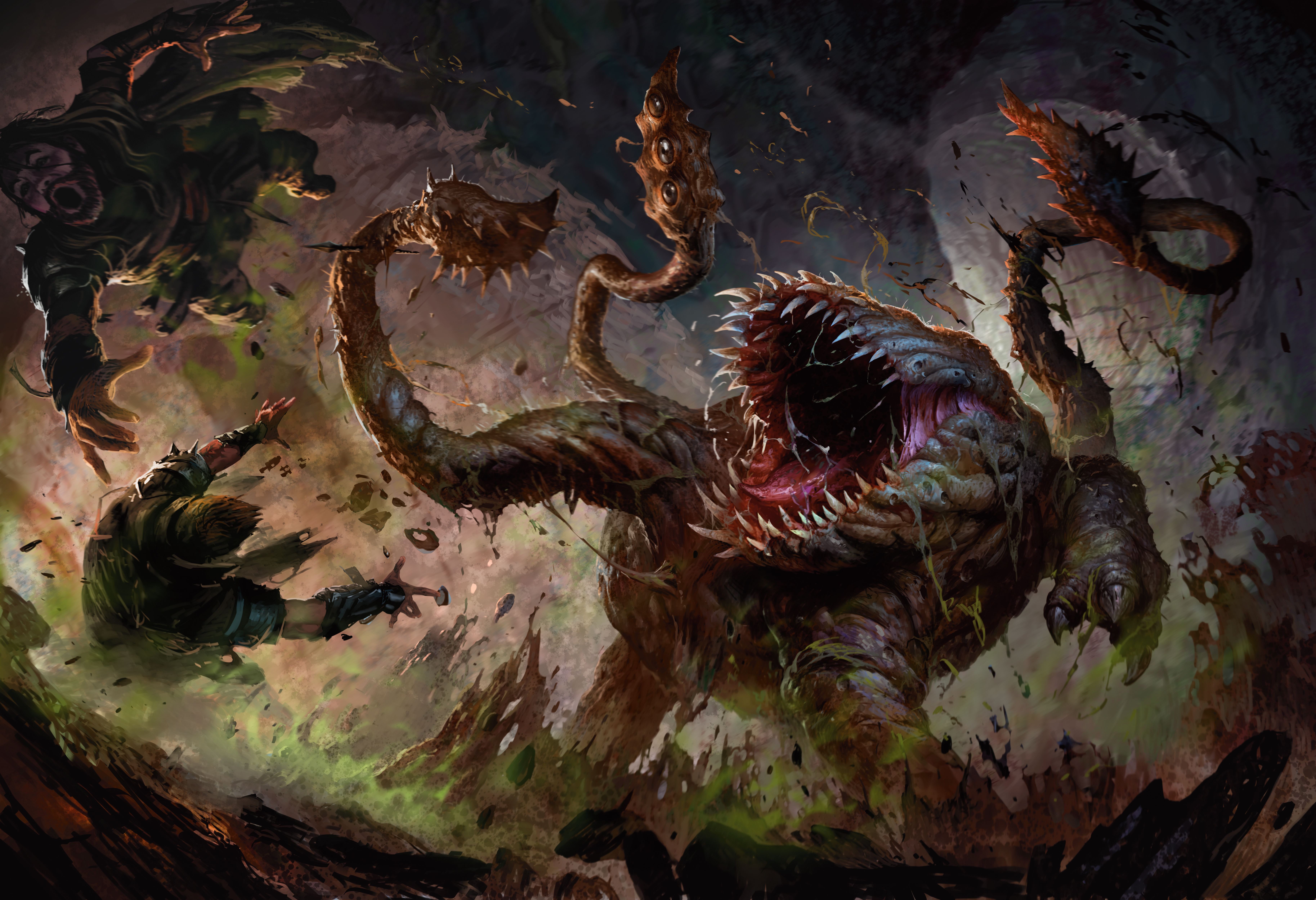 An Otyugh Nestor wrecking havoc on humans in its den in Dungeons & Dragons by Ossandon Leal.