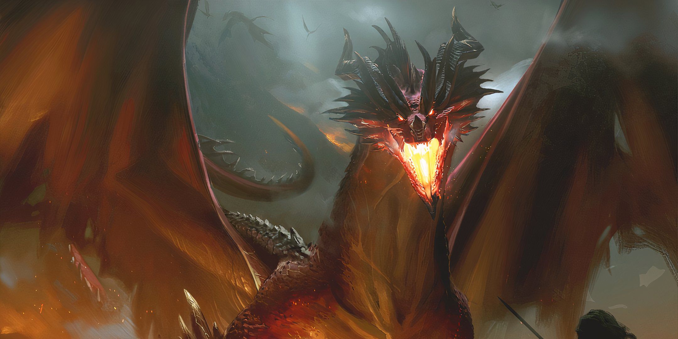 Dungeons & Dragons art of an Ancient Red Dragon looking over a crowd in Dungeons & Dragons by Joshua Raphael.