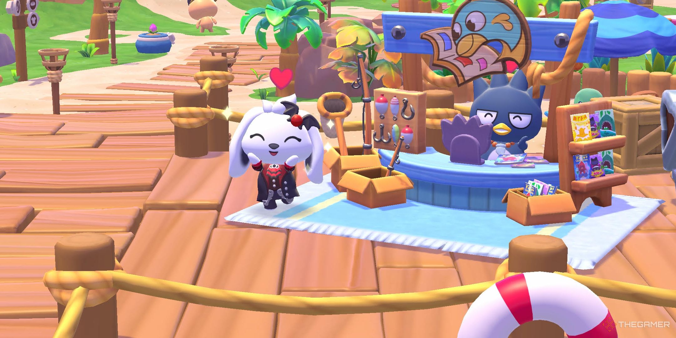 A player posing with Badtz-maru in Hello Kitty Island Adventure.