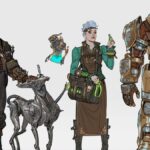 A man in a trenchcoat with a robot dog, a woman with a potions bag beside a floating construct, and a man in mechanised armor against a plain background