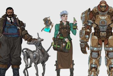 A man in a trenchcoat with a robot dog, a woman with a potions bag beside a floating construct, and a man in mechanised armor against a plain background