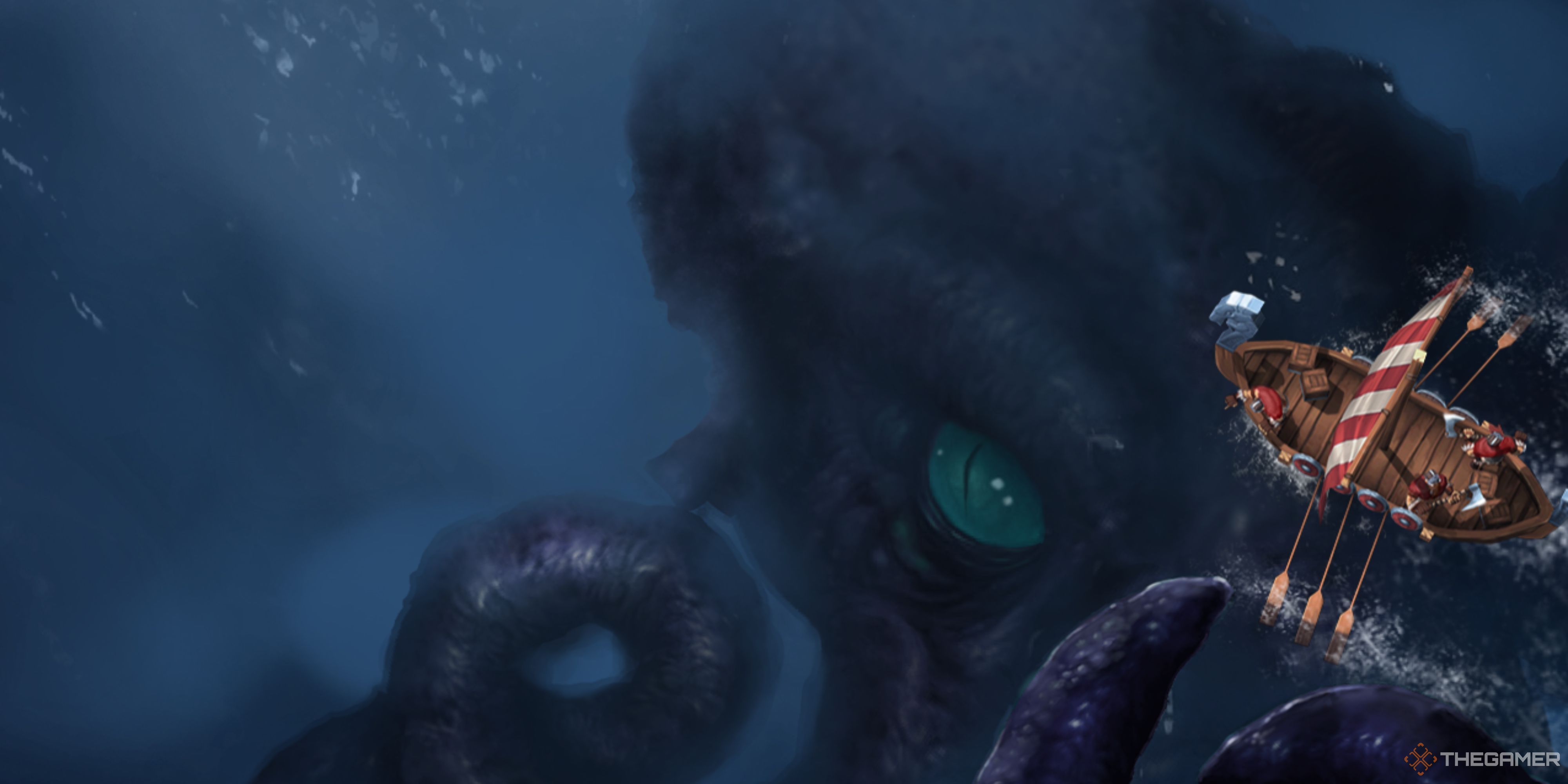 Northgard's Clan of the Kraken splash art shows a Kraken about to attack a Viking ship..