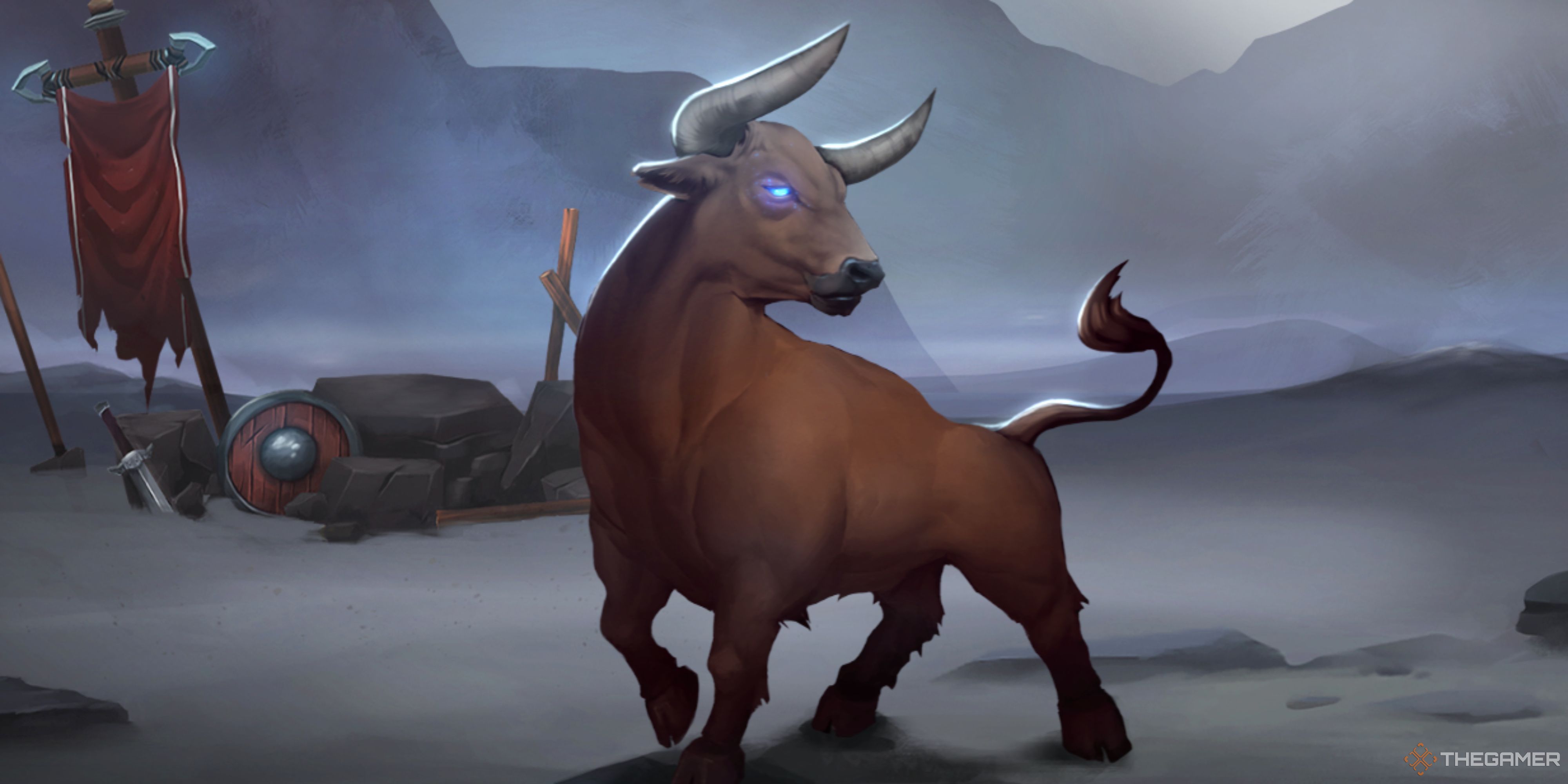 Northgard's Clan of the Ox splash art shows an ox with glowing eyes on a battlefield.