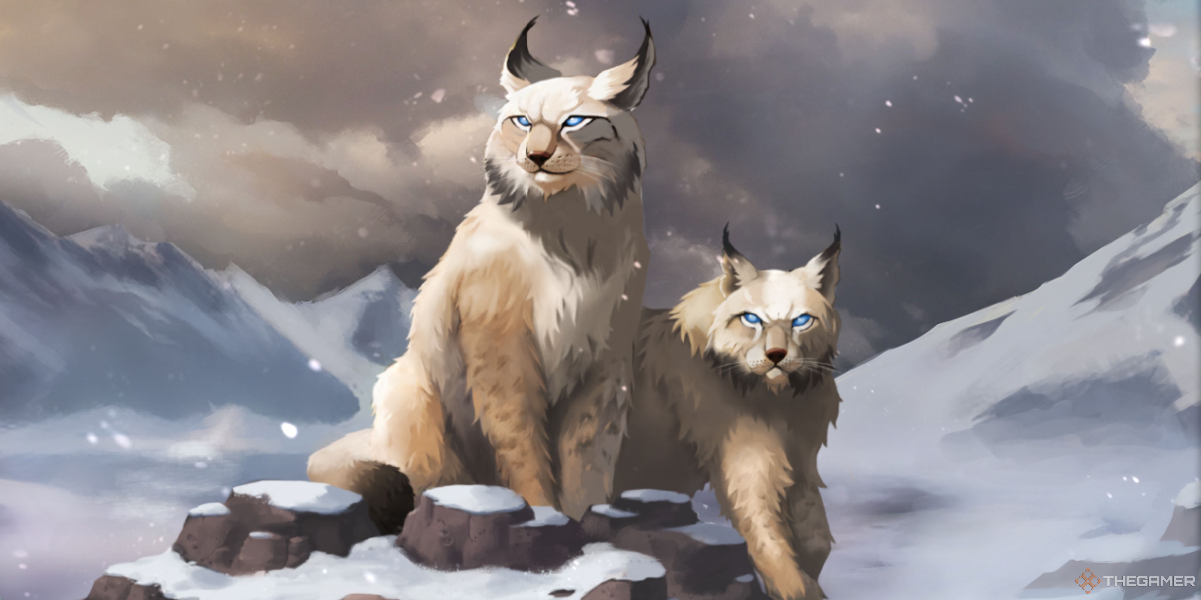 Northgard's Clan of the Lynx splash art shows two lynx with glowing eyes in the snow.