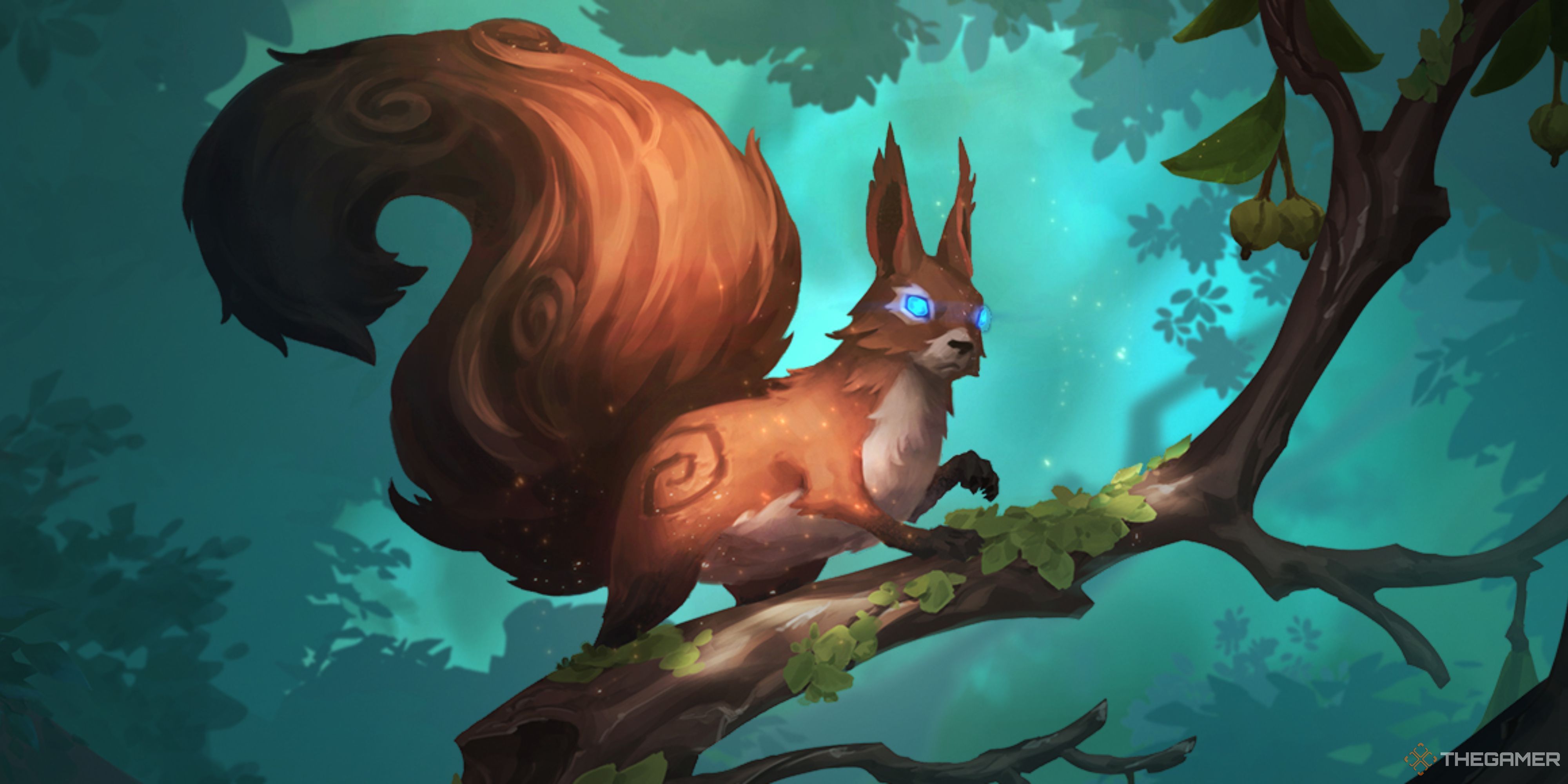 Northgard's Clan of the Squirrel splash art shows a squirrel with glowing eyes in a tree.