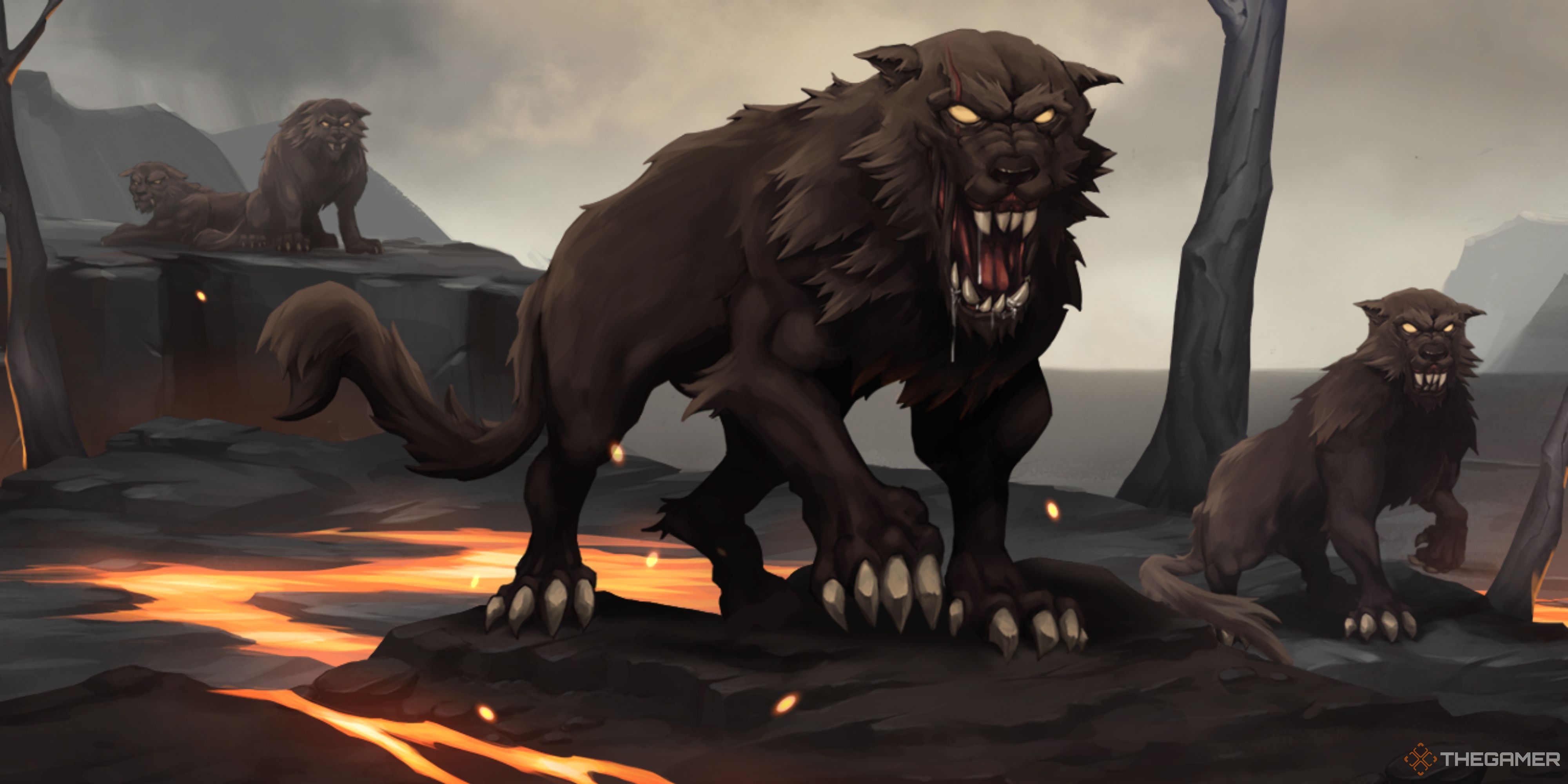 Northgard's Clan of the Hounds splash art shows demonic dogs near lava.