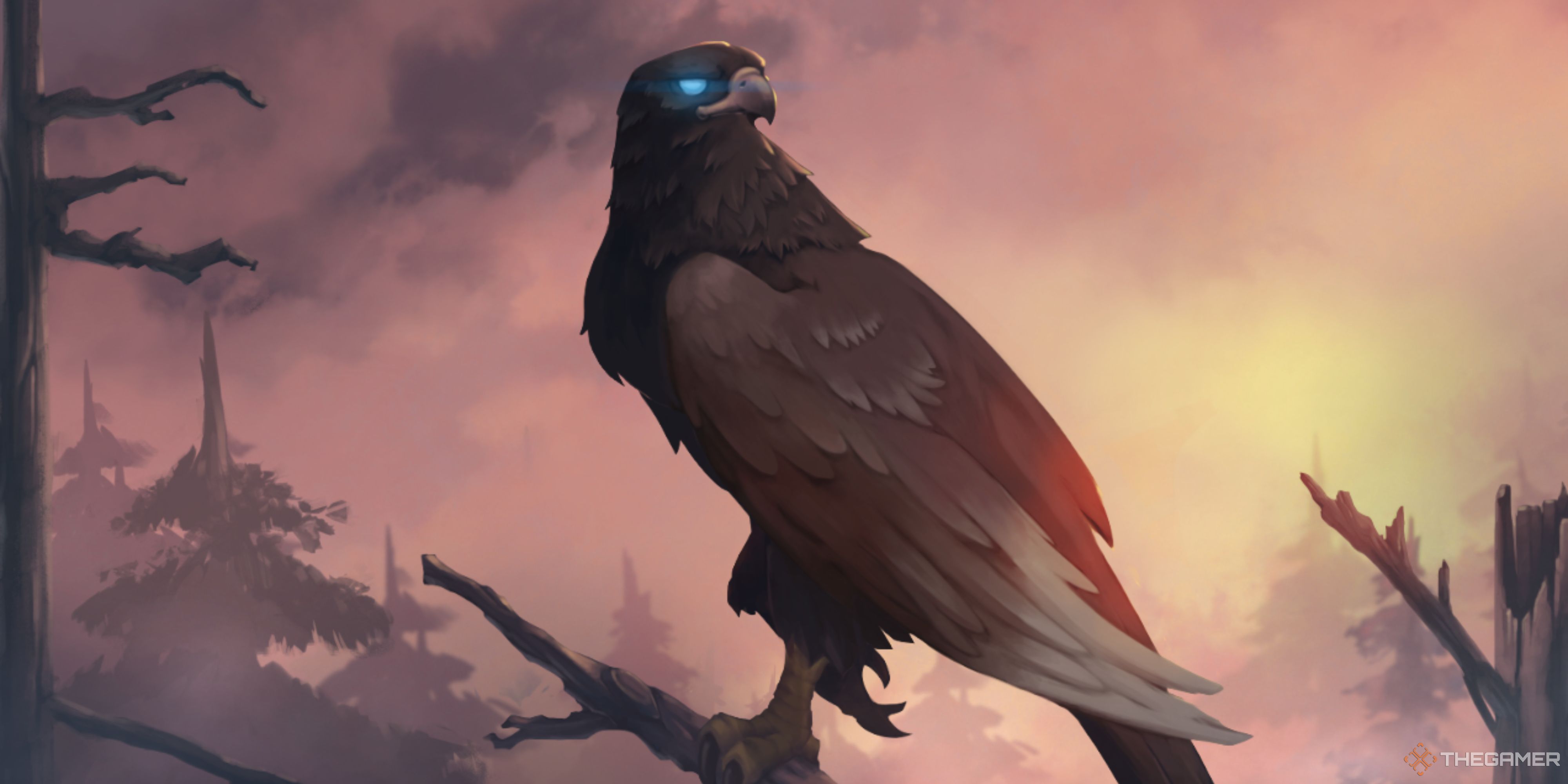 Northgard's Clan of the Eagle splash art shows an eagle with glowing eyes in a tree.