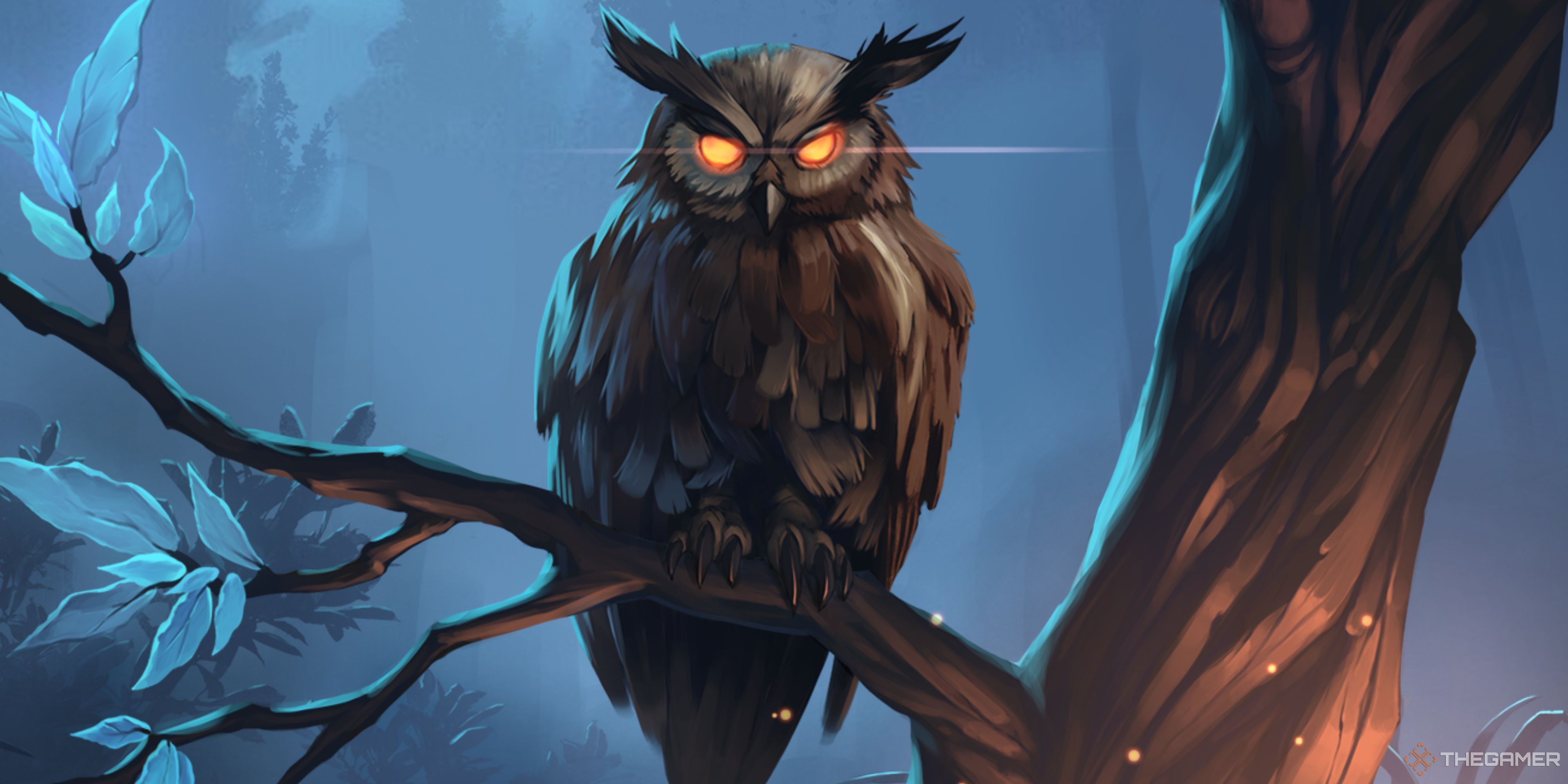 Northgard's Clan of the Owl splash art shows an owl with glowing eyes in a tree.