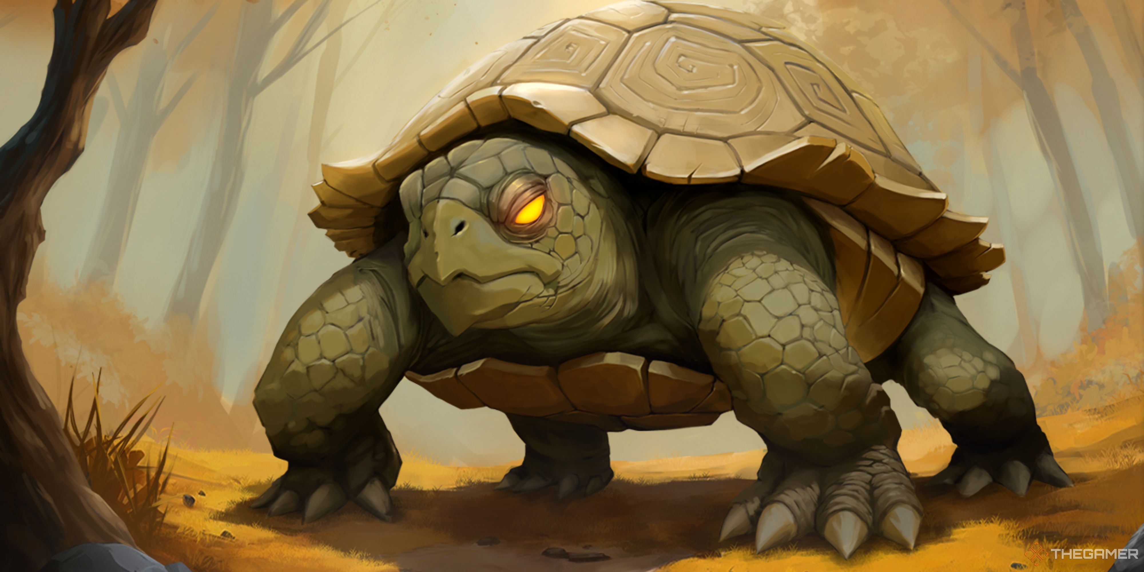 Northgard's Clan of the Turtle splash art shows a giant turtle with glowing eyes in a forest.