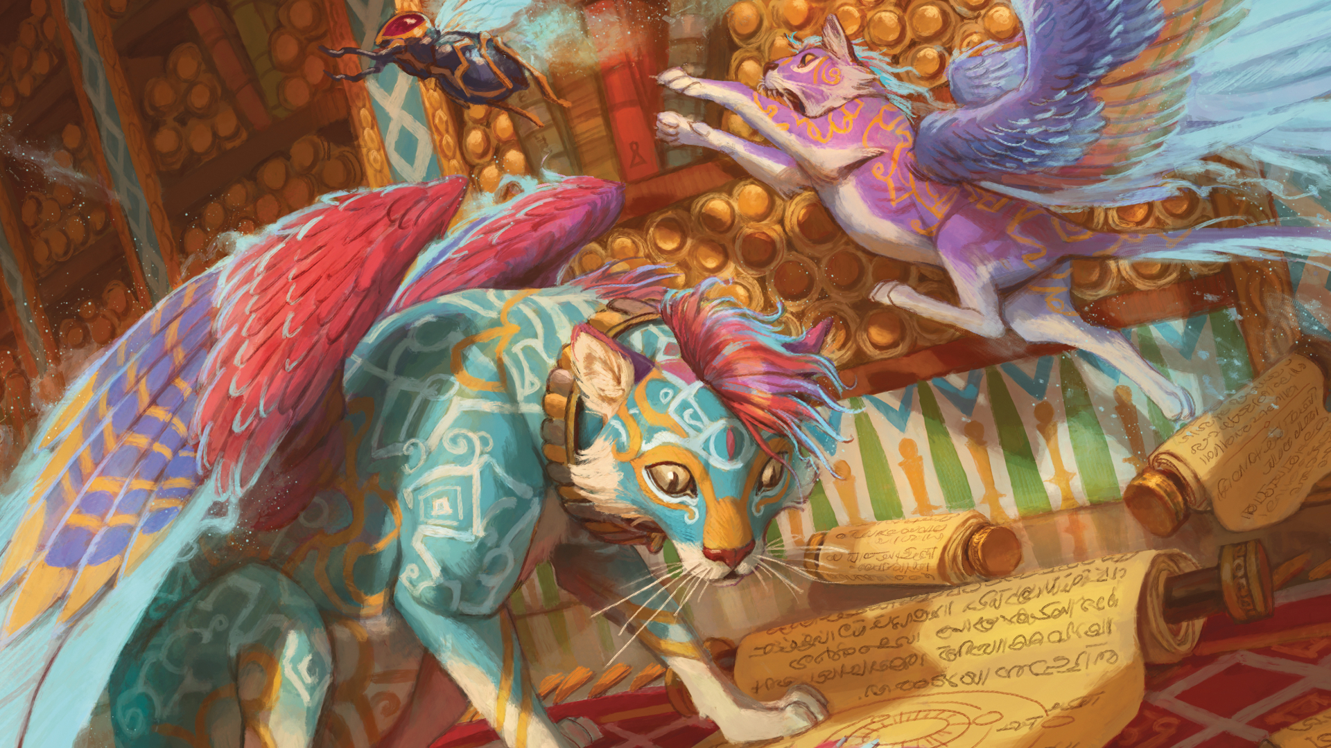 Monster Manual art showing multi-colored cats with wings in a library of scrolls, where one chases a fly