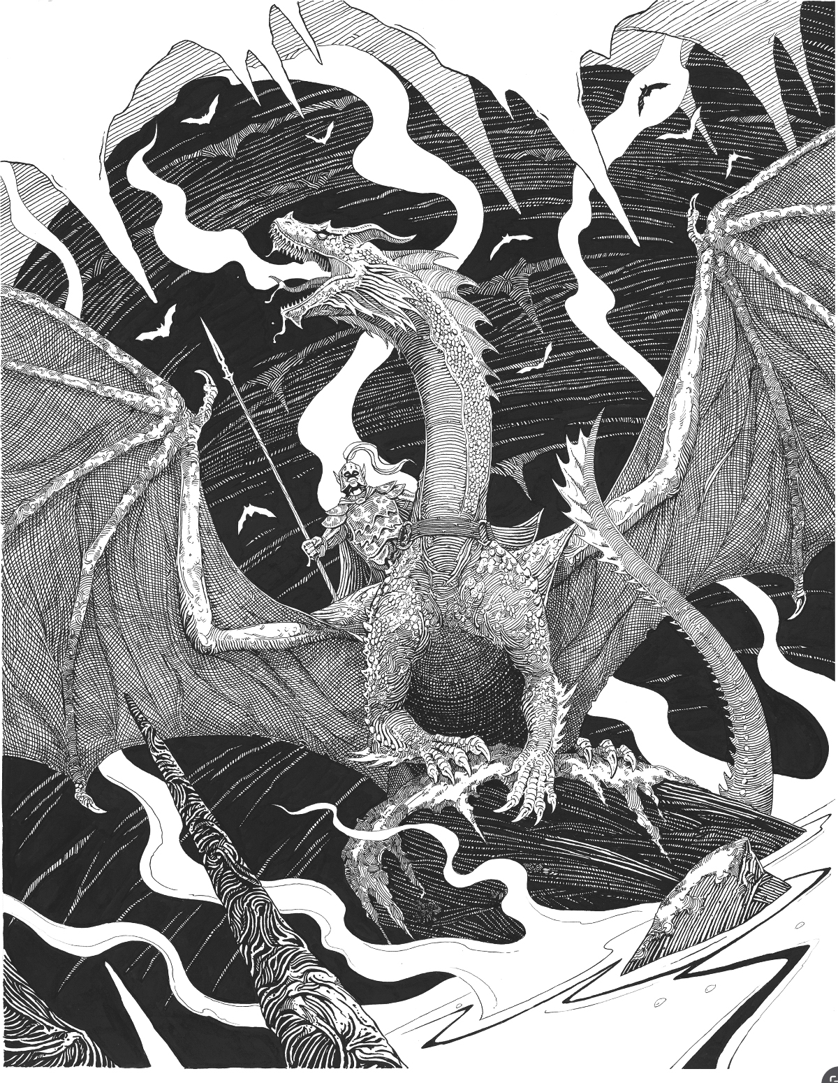 A black and white illustration of a dragon with a knight riding it