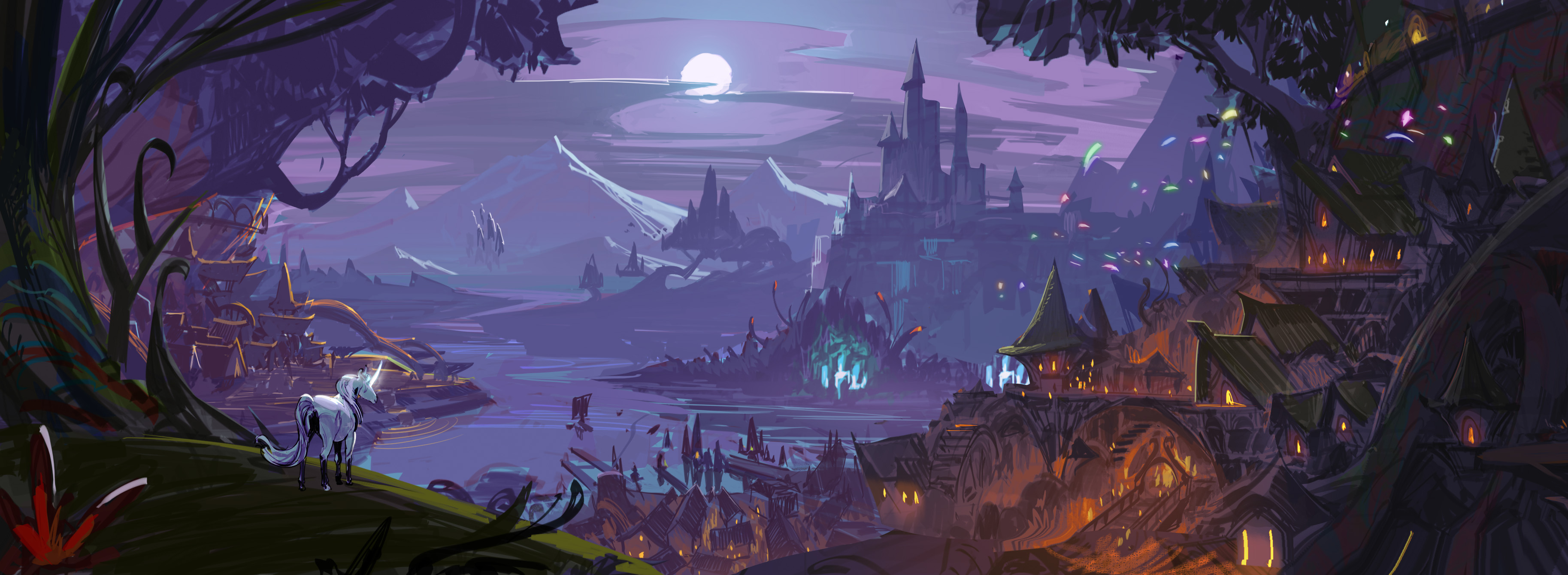 A moonlight landscape of trees, castles, and treehouses amongst a river