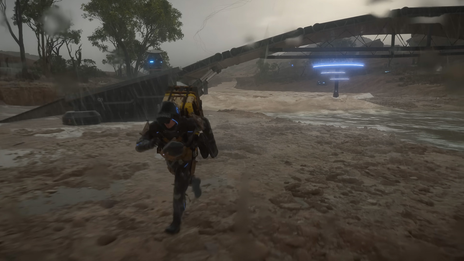 Sam Bridges runs from an incoming flood in Death Stranding 2: On The Beach