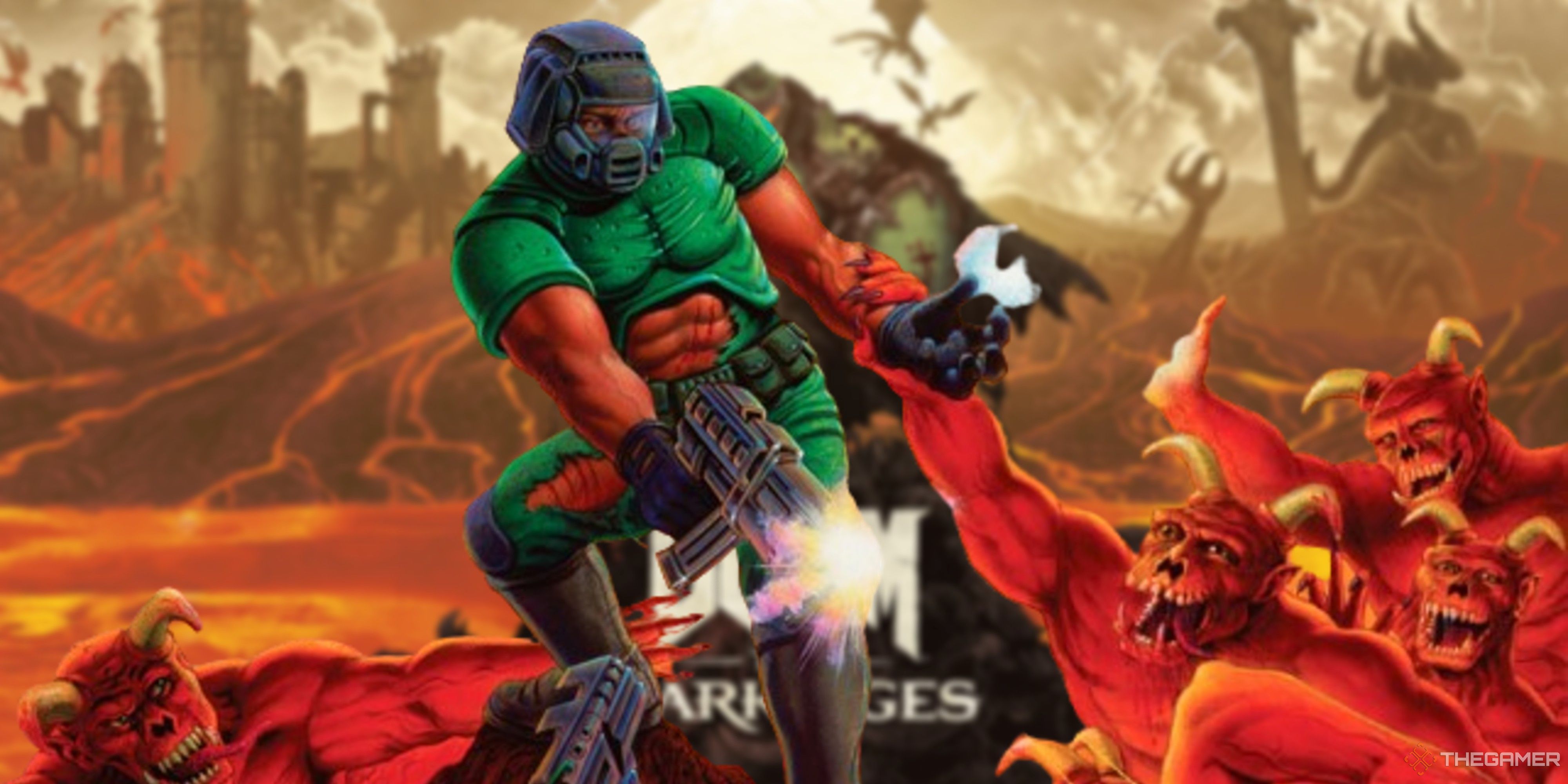 original doomguy fighting demons on a blurred doom the dark ages artwork background.