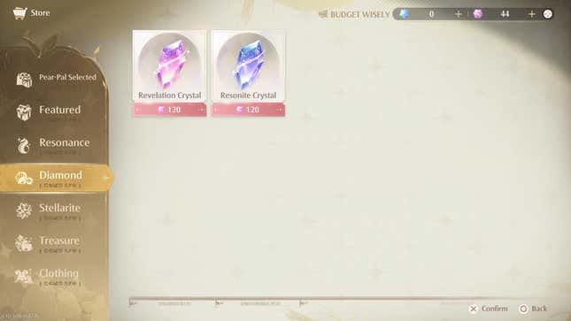 The Diamond tab on the store, showing the options to use them toward Resonite Crystals and Revelation Crystals.