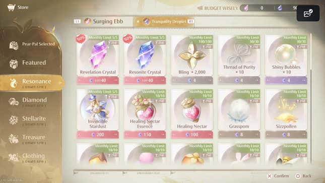 The Tranquility Droplets tab in the store. It shows numerous items with a monthly limit, including Crystals and Bling.