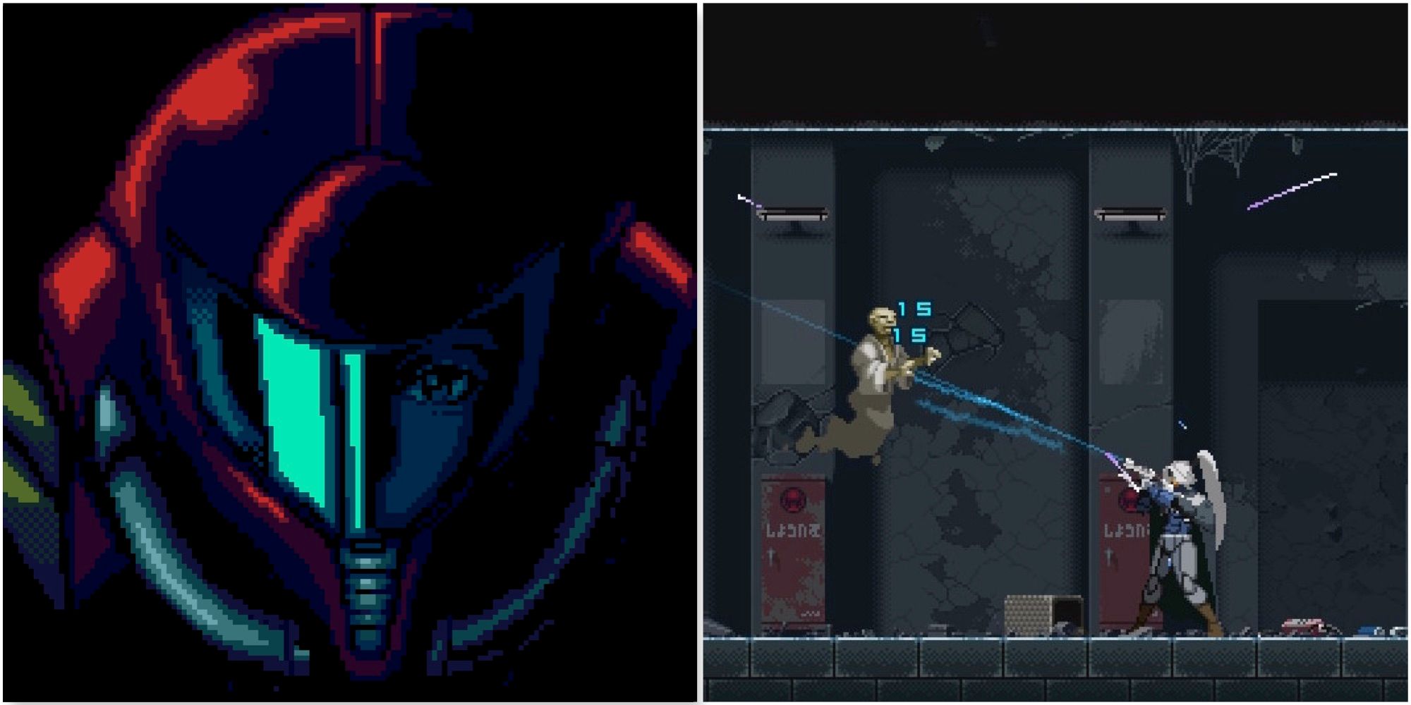 Samus in Super Metroid and fighting enemies in Blade Chimera