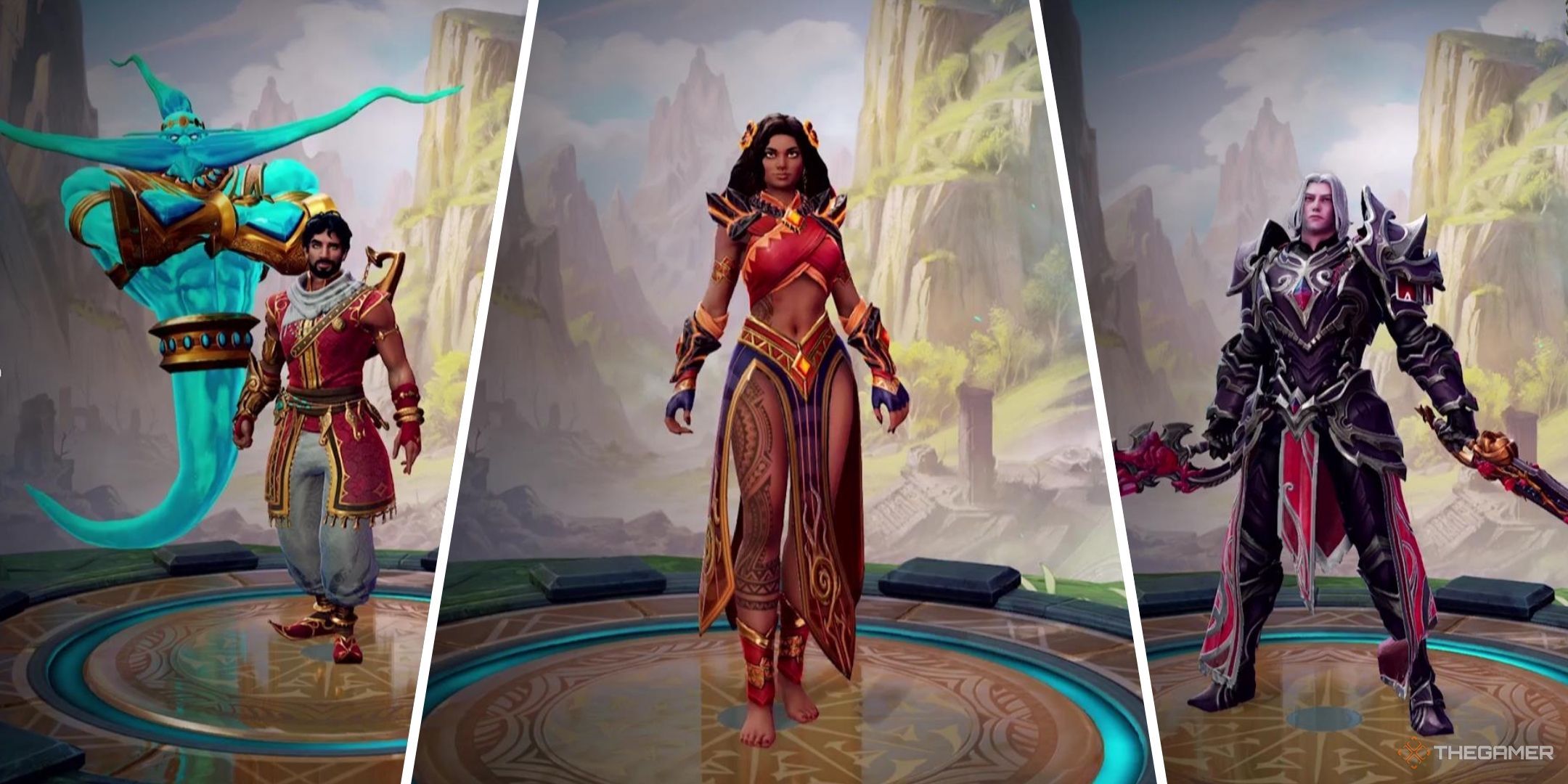 Aladdin and the Genie stand on the left, Mordred stands on the right, and Pele stands in the center, all in Smite 2.