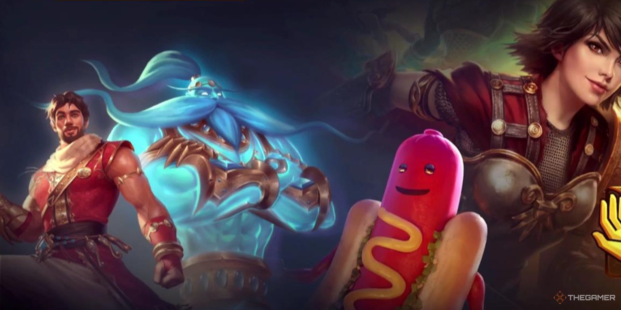 Aladdin and the Genie stand on the left, a smiling hot dog is near the center, and Bellona smirks dangerously on the right, all in Smite 2.