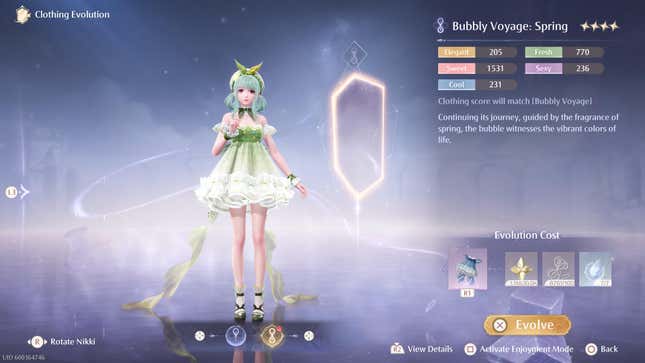 The Clothing Evolution screen with the Bubbly Voyage: Spring outfit.