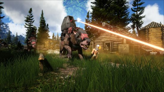 Ark servers: An orange laser beam is fired towards a target in a grassy field