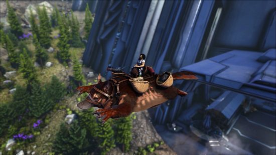 Ark servers: a character sits on the back of a flying dinosaur