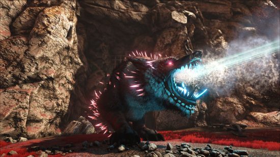 Ark servers: A blue and purple dino shoots a bright laser from its mouth