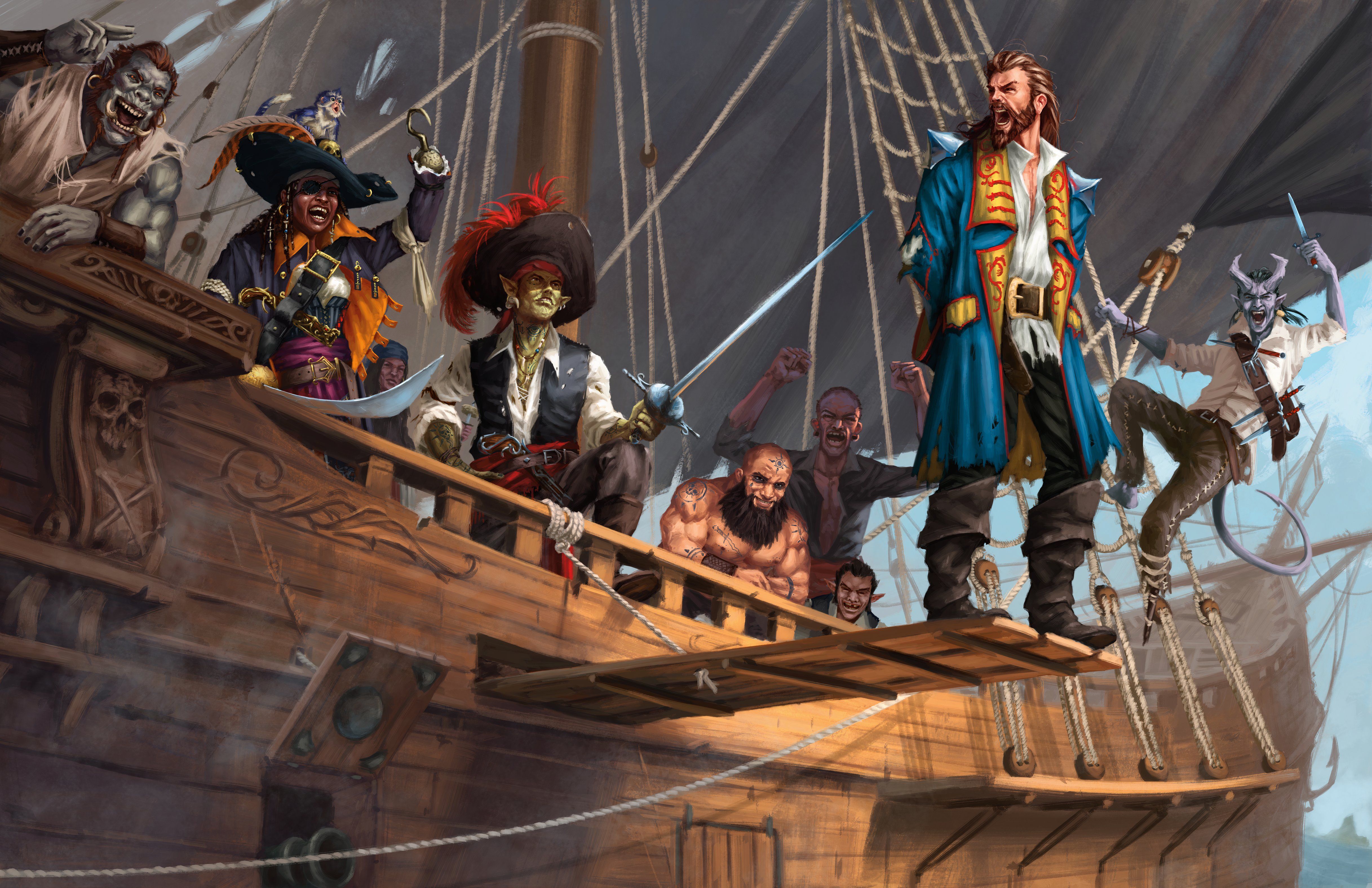 A group of pirates from different species on a deck in Dungeons & Dragons by Alexandre Honoré