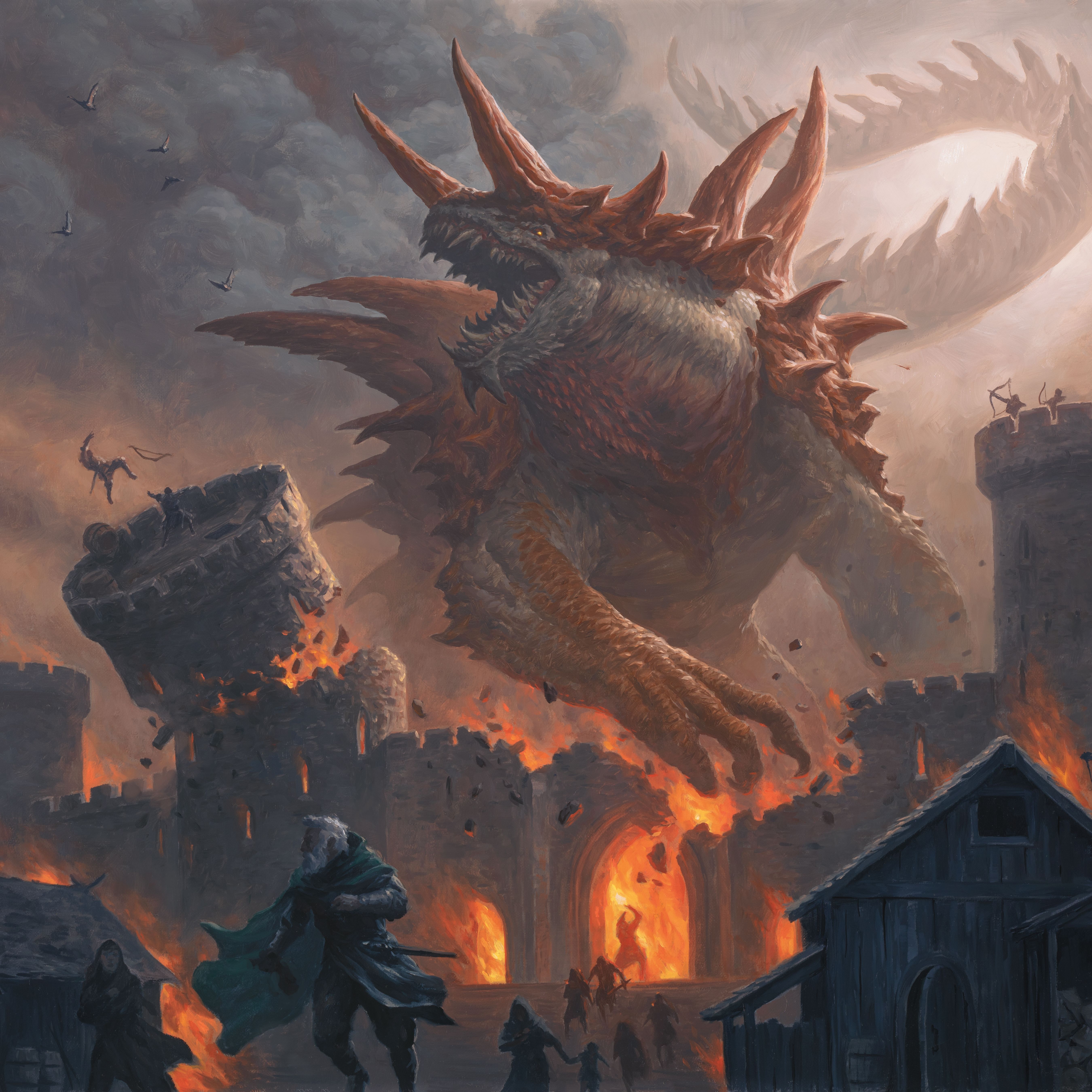 A Tarrasque terrorizes a city in dungeons and Dragonds by Chris Rahn.