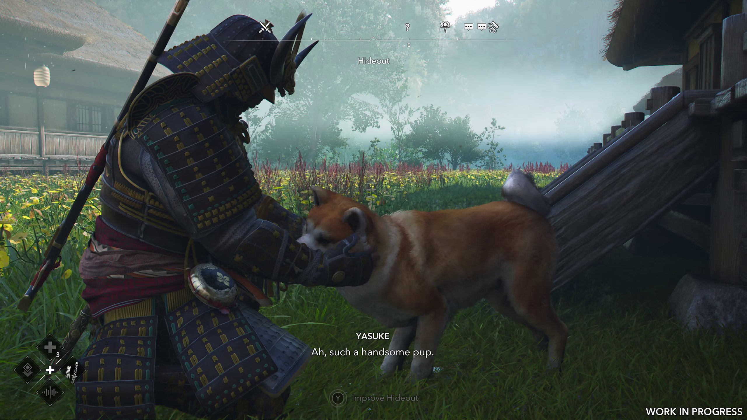 Yasuke pets a dog in the hideout in Assassin's Creed Shadows